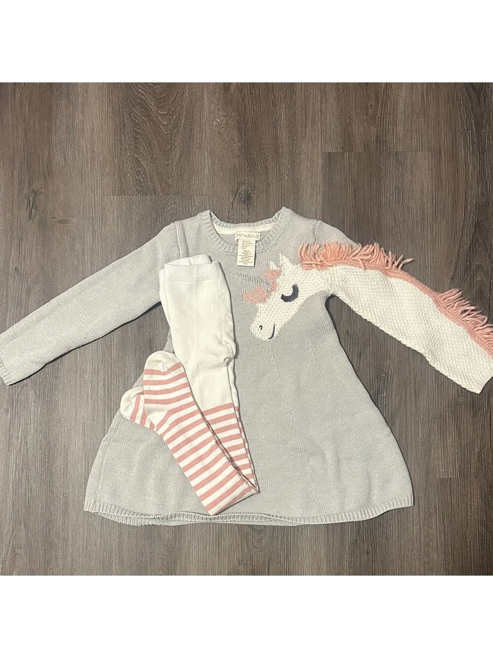Gray Unicorn Sweater Dress with Striped Tights 5/6